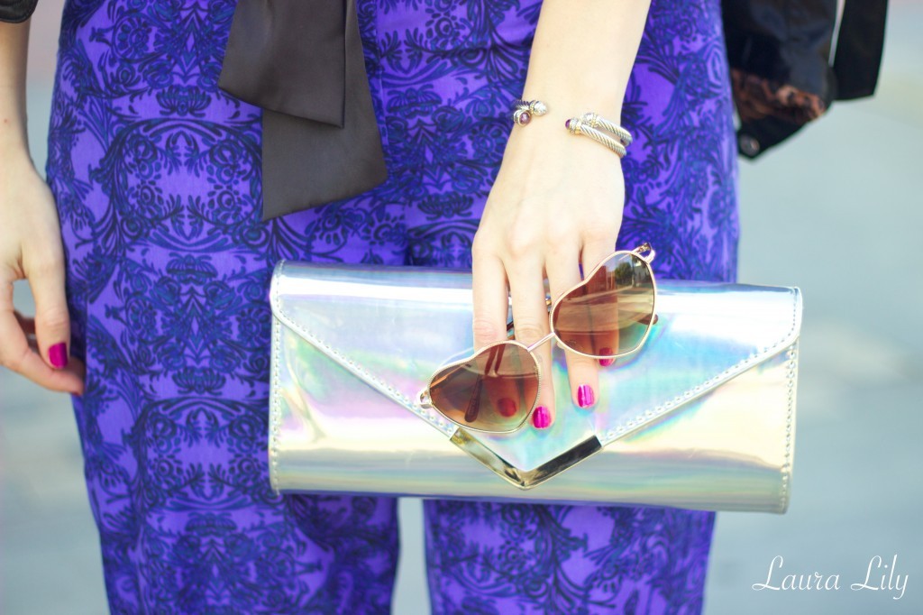Purple Pants, LA Fashion Blogger Laura Lily, black floppy hat Dynamic Asia, affordable fashion blog, Aldo holographic clutch, cute wear to work outfits, 