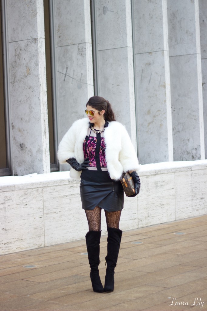 Mercedes Benz New York Fashion Week Day 3, New York Fashion Week Streetstyle, LA Fashion Blogger laura Lily, White faux fur jacket, floral BCBGMAXAZRIA top, faux leather guess skirt, Guess black suede knee high boots, vintage Louis Vuitton bag, 