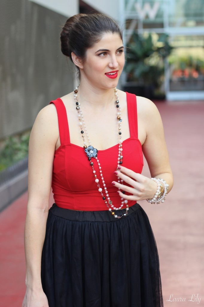 Lady in Red , black tulle skirt, red crop top, Modalu England pippa bag shark, LA Fashion Blogger Laura Lily, black flower brooch, affordable fashion, personal stylist, School of Style  135