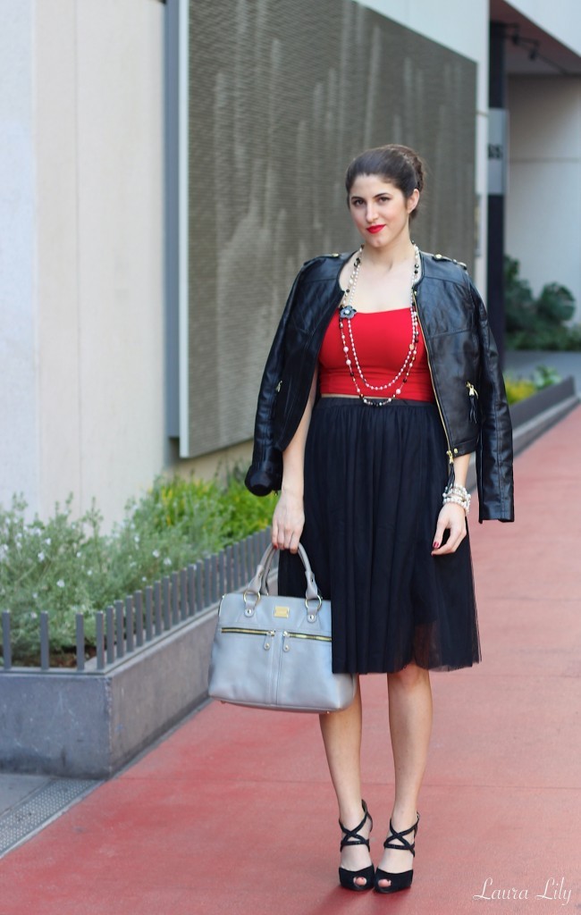 Lady in Red , black tulle skirt, red crop top, Modalu England pippa bag shark, LA Fashion Blogger Laura Lily, black flower brooch, affordable fashion, personal stylist, School of Style  31