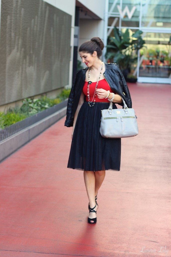 Lady in Red , black tulle skirt, red crop top, Modalu England pippa bag shark, LA Fashion Blogger Laura Lily, black flower brooch, affordable fashion, personal stylist, School of Style  39 (1)