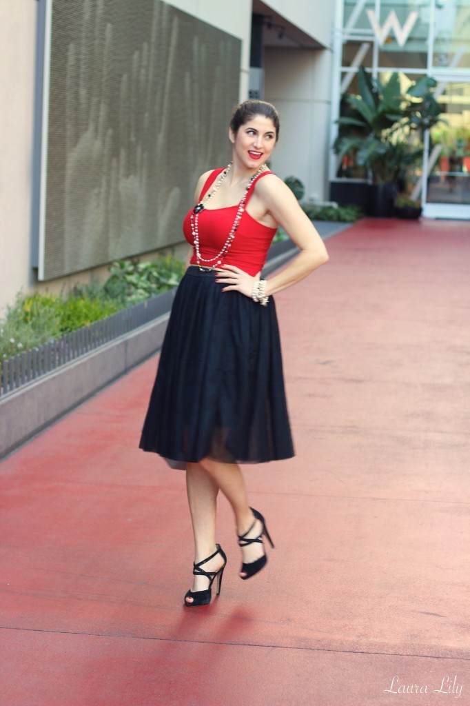 Lady in Red , black tulle skirt, red crop top, Modalu England pippa bag shark, LA Fashion Blogger Laura Lily, black flower brooch, affordable fashion, personal stylist, School of Style  71