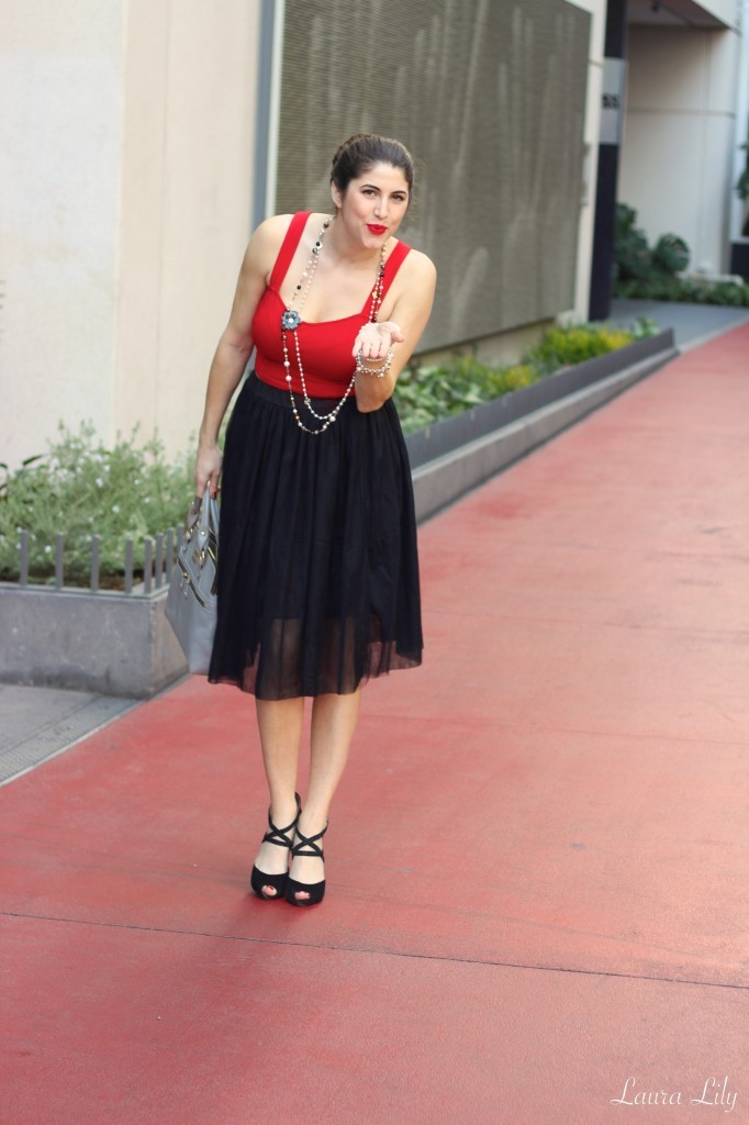 Lady in Red , black tulle skirt, red crop top, Modalu England pippa bag shark, LA Fashion Blogger Laura Lily, black flower brooch, affordable fashion, personal stylist, School of Style  79