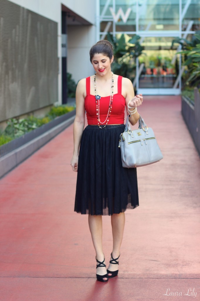 Lady in Red , black tulle skirt, red crop top, Modalu England pippa bag shark, LA Fashion Blogger Laura Lily, black flower brooch, affordable fashion, personal stylist, School of Style  97