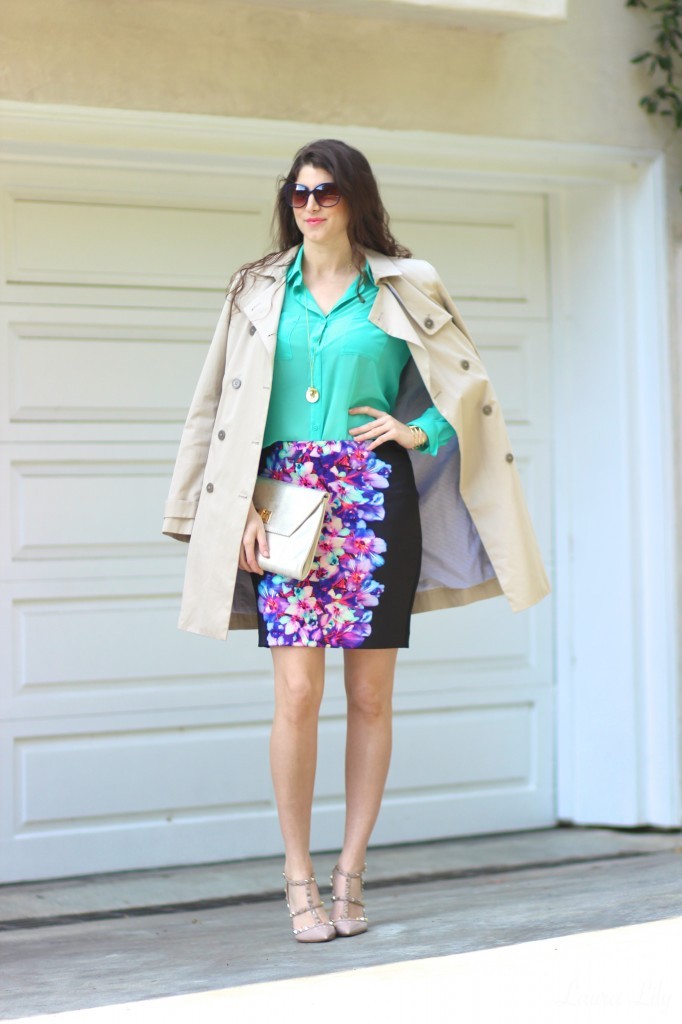 April Showers 14,Spring Style, LA Fashion BLogger Laura Lily, Express floral pencil skirt, mint blouse, Valentino rockstud heels, Lacoste beige trench coat, cute spring wear to work styles, Personal Stylist in Los Angeles, 