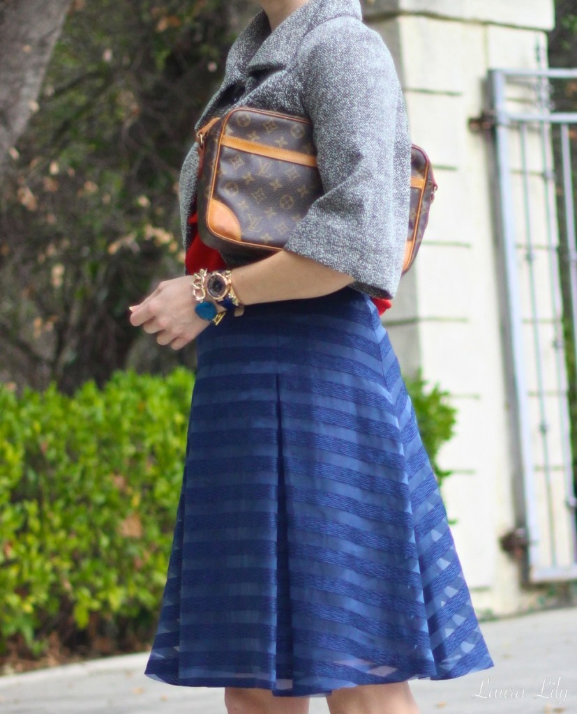 Parisienne French book by Rhianna Jones, Parisian outfit, LA Fashion BLogger Laura Lily, vintage Louis Vuitton handbag, Sarah Boyd x Capwell Co collection, navy 1.State striped skirt, tweed capelet, Parisienne French 
