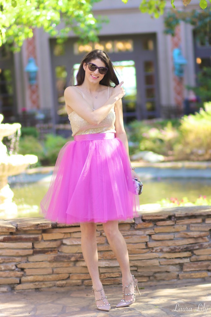 Radiant Orchid Tulle Skirt 20,LA Fashion Blogger Laura Lily, Radiant Orchid Tulle skirt Space 46 Boutique, blush Valentino Rockstud heels, Shoplately floral box clutch, LA Personal Stylist, How to wear a tulle skirt, pave link bracelet, 
