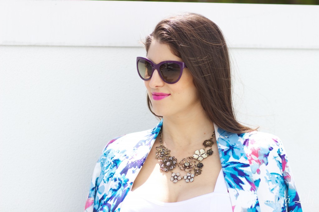 April 2014 29,2014 Los Angeles LuckyFABB Day 2, LA Fashion Blogger and Personal Stylist Laura Lily, Space 46 Boutique, Radiant orchid tulle skirt, floral blazer, how to style a white crop top, how to wear a tulle skirt, purple prada sunglasses, blush Valentino rockstud sling-back heels, 