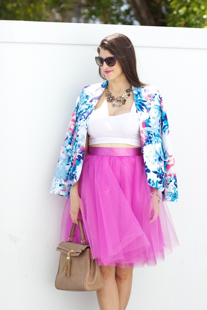 April 2014 31,2014 Los Angeles LuckyFABB Day 2, LA Fashion Blogger and Personal Stylist Laura Lily, Space 46 Boutique, Radiant orchid tulle skirt, floral blazer, how to style a white crop top, how to wear a tulle skirt, purple prada sunglasses, blush Valentino rockstud sling-back heels, 