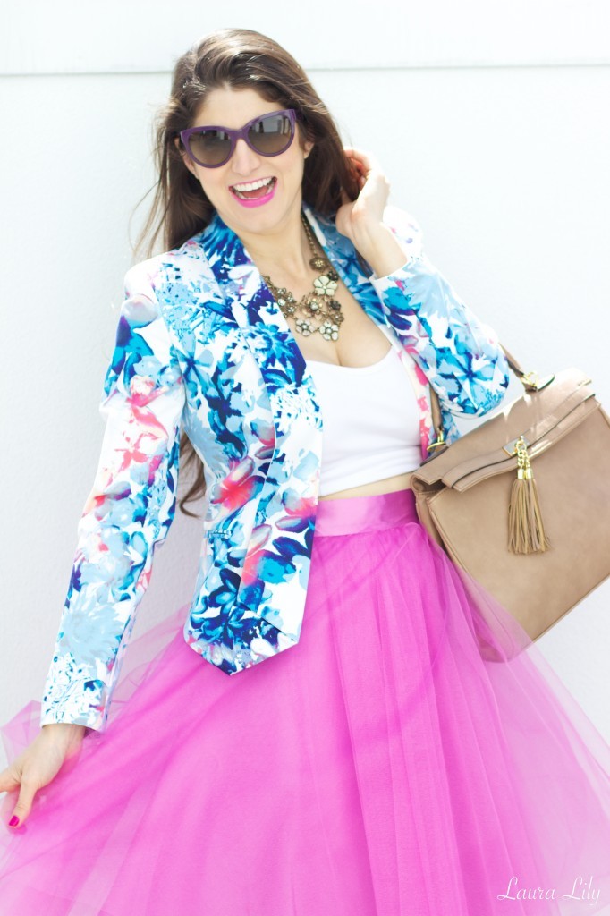 April 2014 4,2014 Los Angeles LuckyFABB Day 2, LA Fashion Blogger and Personal Stylist Laura Lily, Space 46 Boutique, Radiant orchid tulle skirt, floral blazer, how to style a white crop top, how to wear a tulle skirt, purple prada sunglasses, blush Valentino rockstud sling-back heels, 