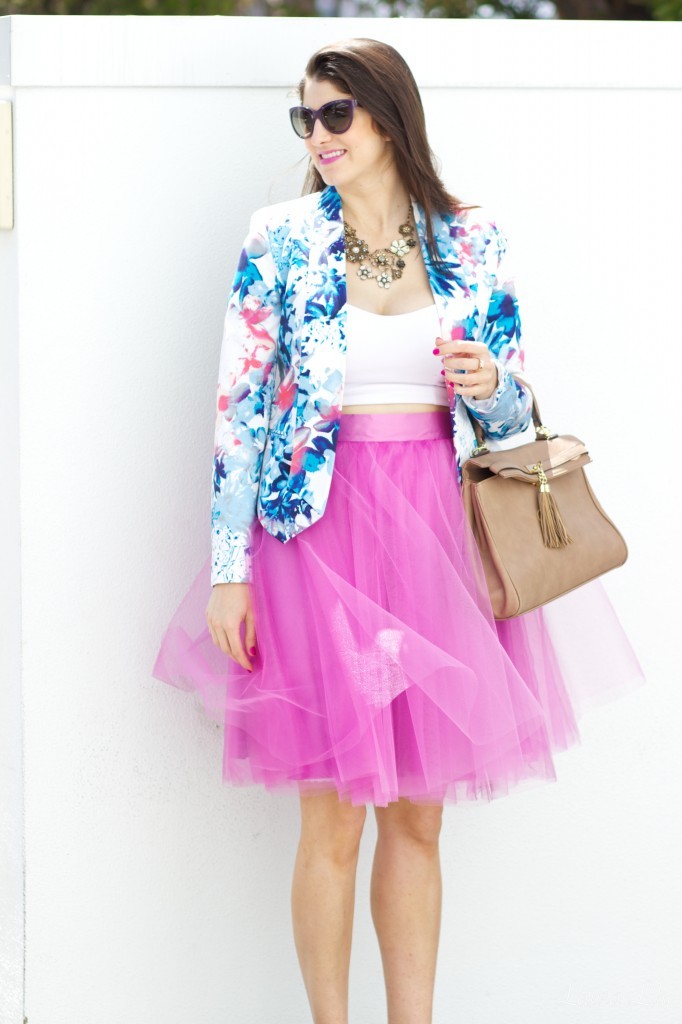 April 2014 6,2014 Los Angeles LuckyFABB Day 2, LA Fashion Blogger and Personal Stylist Laura Lily, Space 46 Boutique, Radiant orchid tulle skirt, floral blazer, how to style a white crop top, how to wear a tulle skirt, purple prada sunglasses, blush Valentino rockstud sling-back heels, 