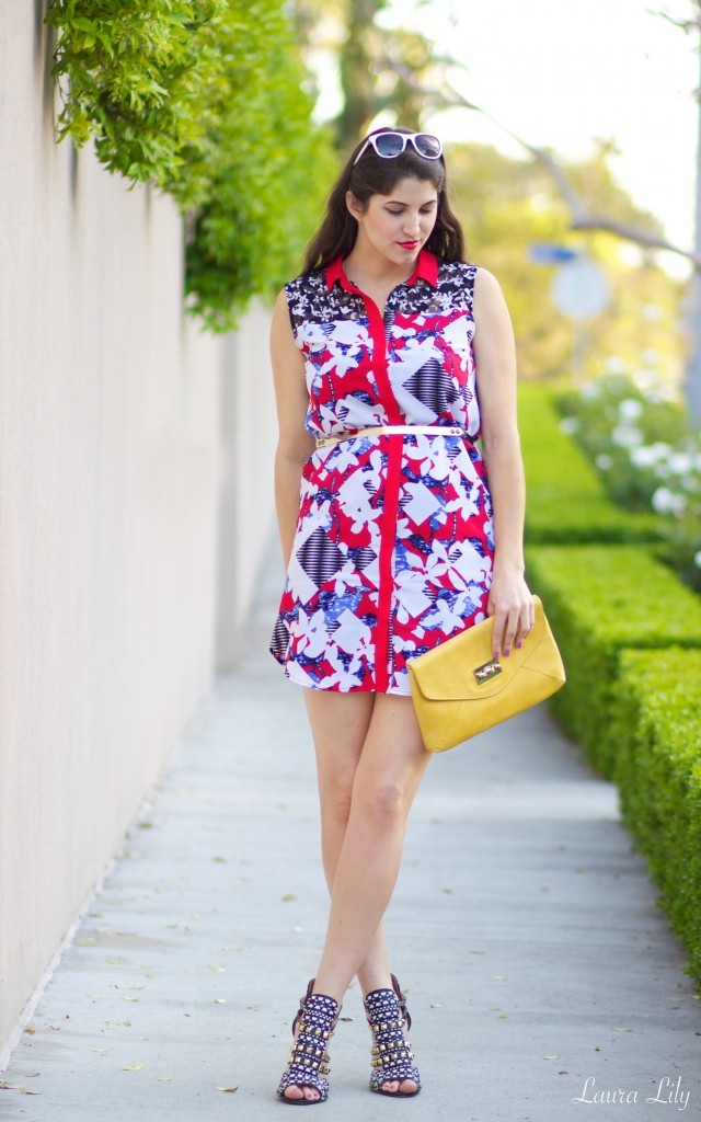Floral shift dress 16,A Floral Dress and Tribal Heels, LA Fashion Blogger Laura Lily, Personal Stylists in Los Angeles, Peter Pilotto for Target floral shift dress, Zara tribal heels, Onecklace, great mother's day gift ideas, yellow envelope clutch,