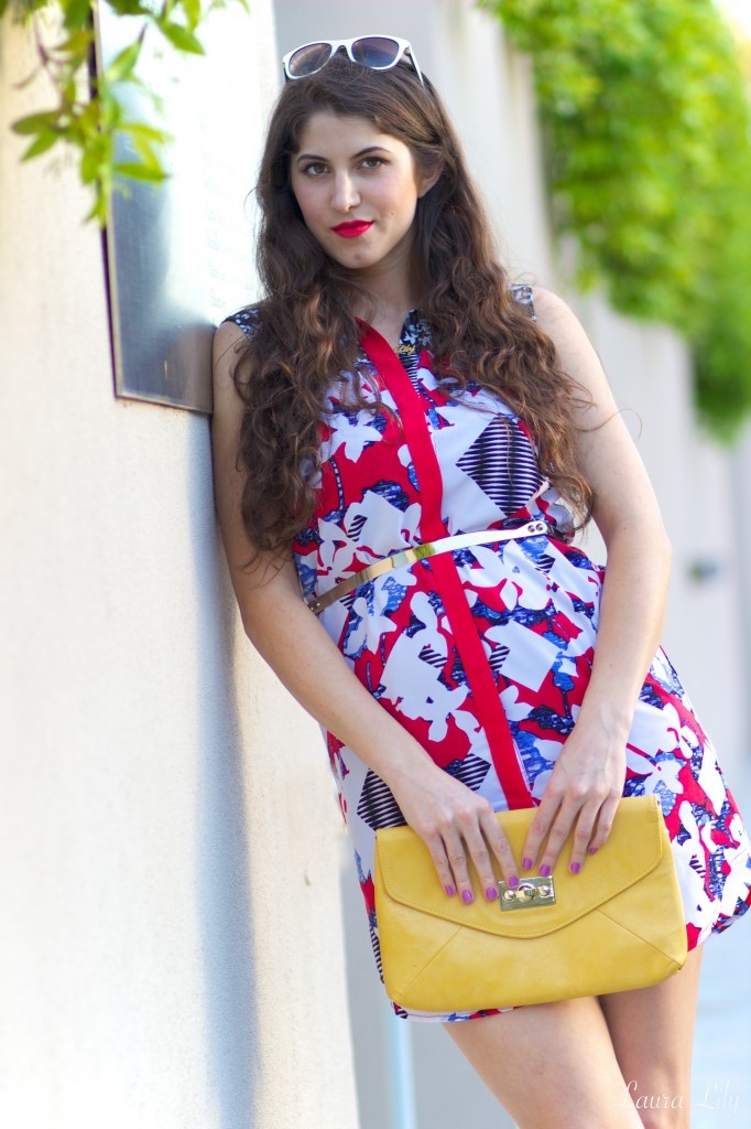 Floral shift dress 7,A Floral Dress and Tribal Heels, LA Fashion Blogger Laura Lily, Personal Stylists in Los Angeles, Peter Pilotto for Target floral shift dress, Zara tribal heels, Onecklace, great mother's day gift ideas, yellow envelope clutch,