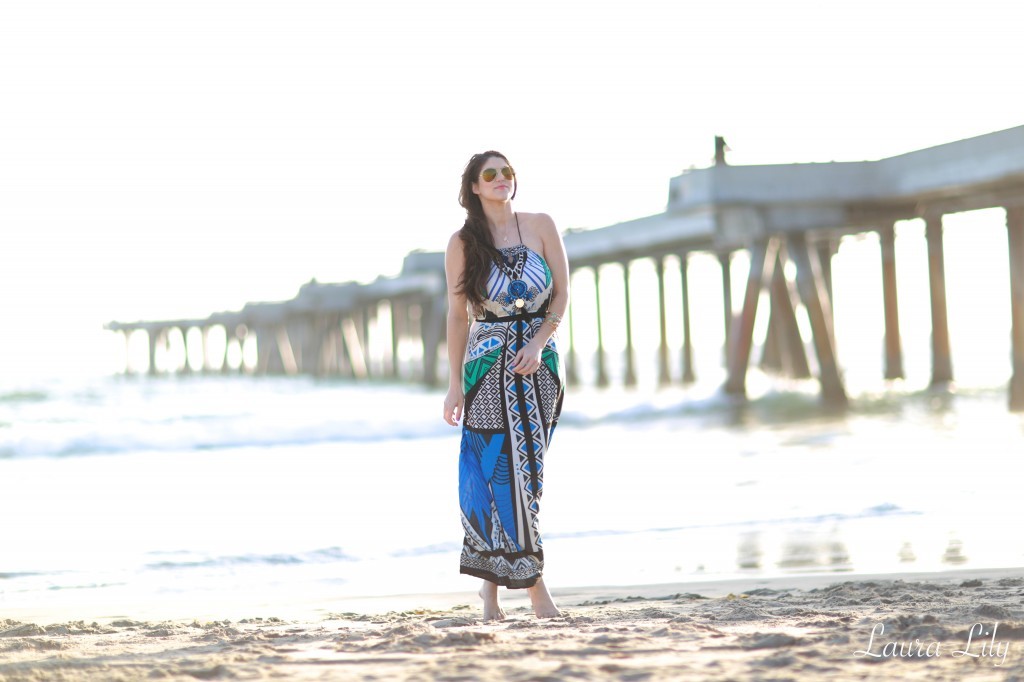Pier  36,Under the Pier, Swell tribal print maxi dress, LA Fashion Blogger Laura Lily, Personal Stylists in Los Angeles, Tony Oberstar Photography,gold Gemini necklace AV Max accessories, gold palm tree necklace Emitations, Zero UV sunglasses, what to pack for Hawaii, 