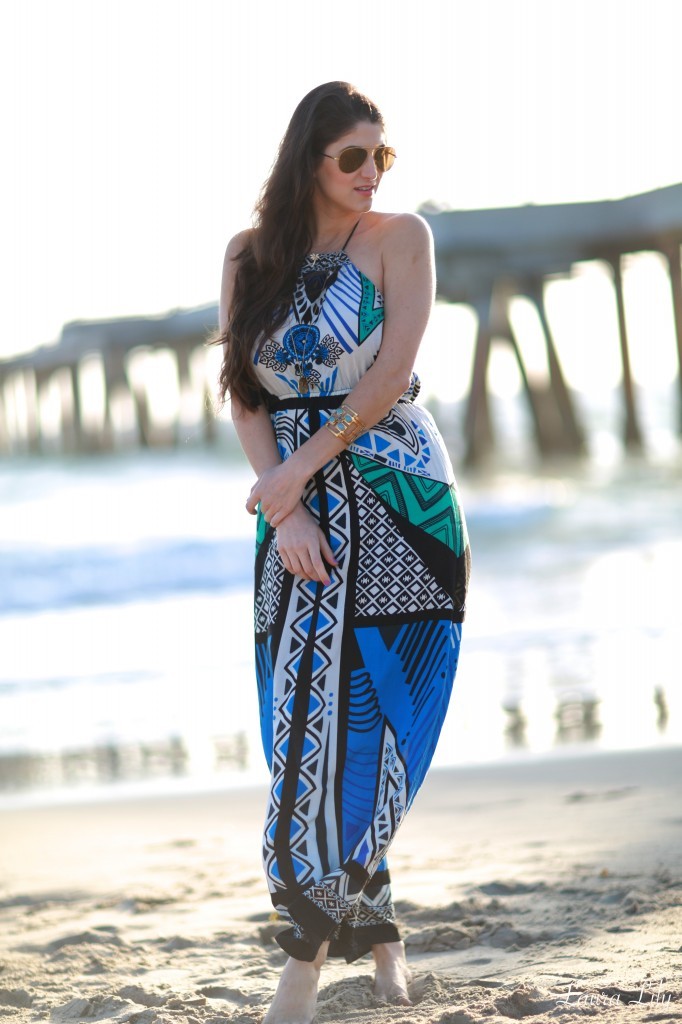 Pier  67,Under the Pier, Swell tribal print maxi dress, LA Fashion Blogger Laura Lily, Personal Stylists in Los Angeles, Tony Oberstar Photography,gold Gemini necklace AV Max accessories, gold palm tree necklace Emitations, Zero UV sunglasses, what to pack for Hawaii, 