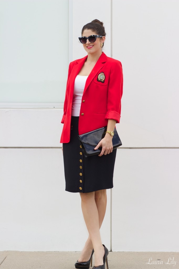 Vintage Prep, LA Fashion Blogger Laura Lily, Personal Stylist in Los Angeles, red blazer with emblem, Jessica Simpson black patent pumps, prep style,