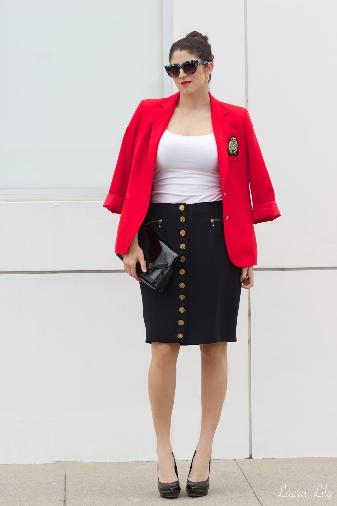 Vintage Prep, LA Fashion Blogger Laura Lily, Personal Stylist in Los Angeles, red blazer with emblem, Jessica Simpson black patent pumps, prep style,