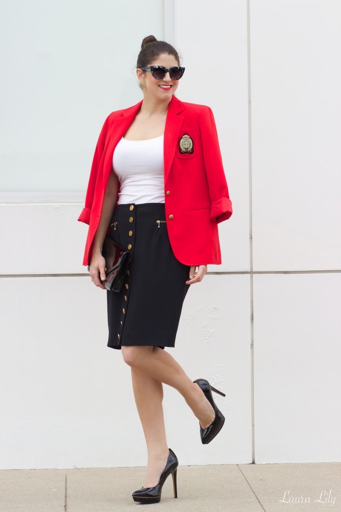 Thrifted Chic,Vintage Prep, LA Fashion Blogger Laura Lily, Personal Stylist in Los Angeles, red blazer with emblem, Jessica Simpson black patent pumps, prep style,