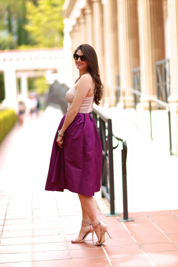 Purple Midi Skirt, LA Fashion Blogger Laura Lily, spring style, Personal Stylist in Los Angeles, cute outfit ideas, blush faux leather bralette, Getty Villa, Tony Oberstar Photography,