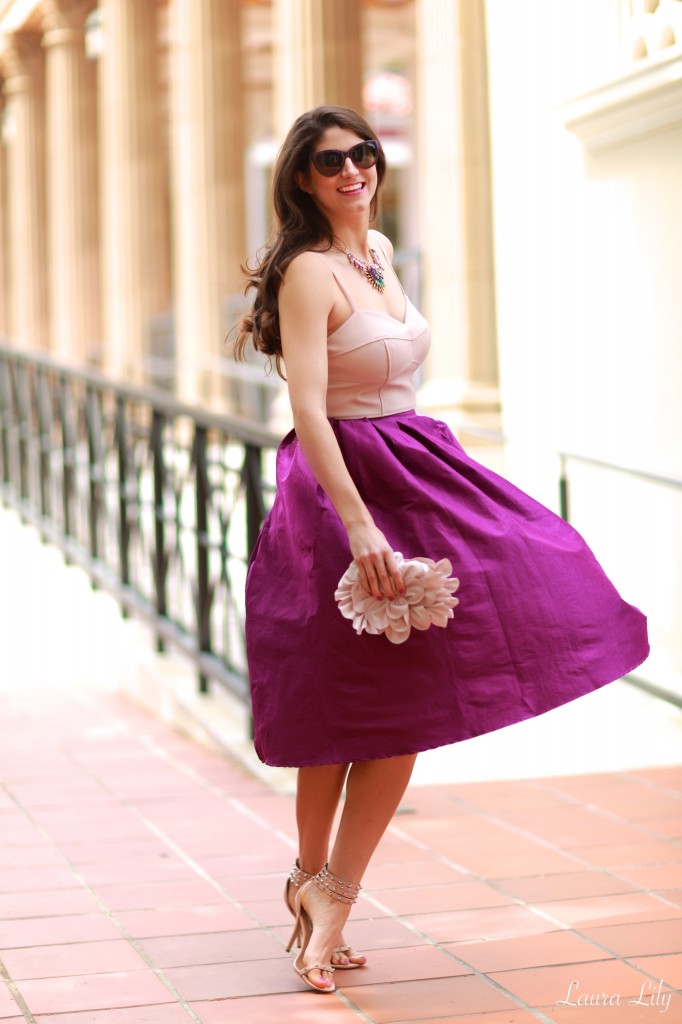 Purple Midi Skirt, LA Fashion Blogger Laura LIly, spring style, Personal Stylist in Los Angeles, cute outfit ideas, blush faux leather bralette, Getty Villa, Tony Oberstar Photography,