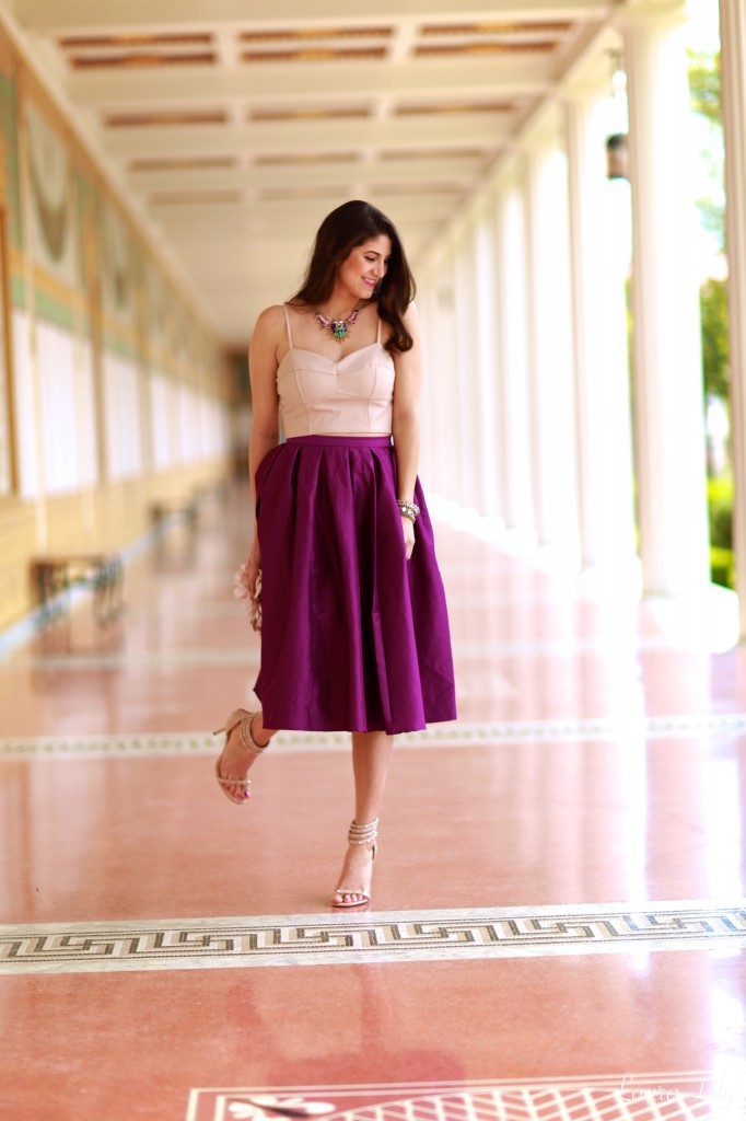 Purple Midi Skirt, LA Fashion Blogger Laura Lily, spring style, Personal Stylist in Los Angeles, cute outfit ideas, blush faux leather bralette, Getty Villa, Tony Oberstar Photography,