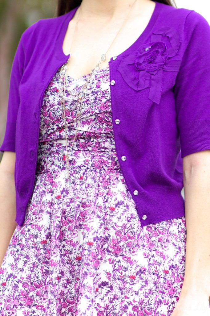 Purple All Over, LA Fashion Blogger Laura Lily, purple floral Express dress, cropped purple cardigan, studded Steve Madden heels blush, flower Just Fab Clutch, purple Prada Cat-eye sunglasses, personal Stylist in Los Angeles,