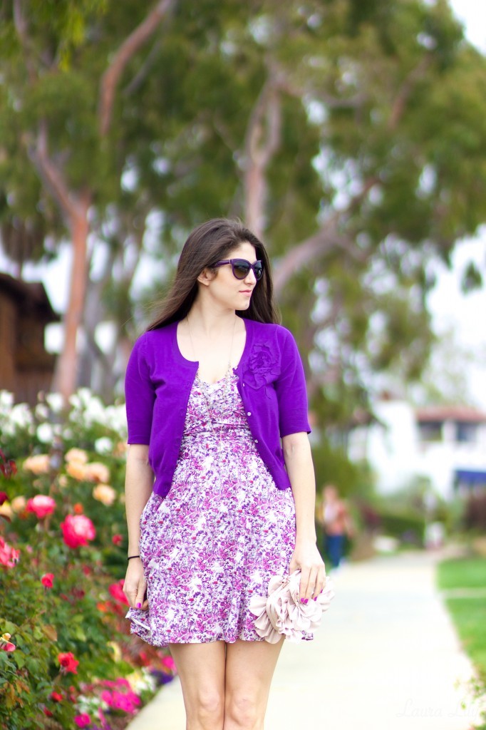 Purple All Over, LA Fashion Blogger Laura Lily, purple floral Express dress, cropped purple cardigan, studded Steve Madden heels blush, flower Just Fab Clutch, purple Prada Cat-eye sunglasses, personal Stylist in Los Angeles,