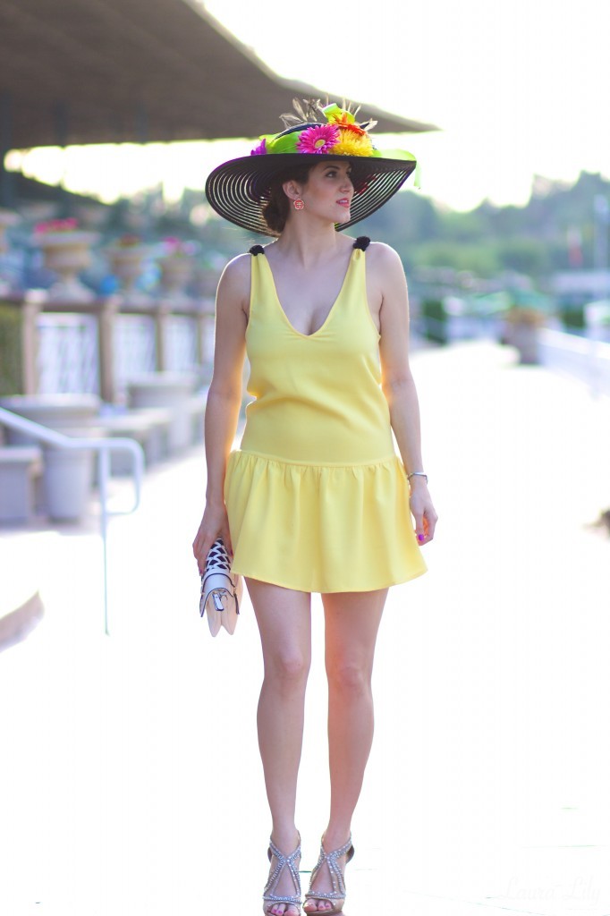 ShopLately Derby Days,Kentucky Derby Day Party with ShopLately, LA Fashion Blogger Laura Lily, DIY Derby Day Hat Fascinator, ShopLately Rehab yellow drop waist dress, what to wear to a horse race, America's Best Racing at Santa Anita Park, Kentucky Derby outfit ideas,