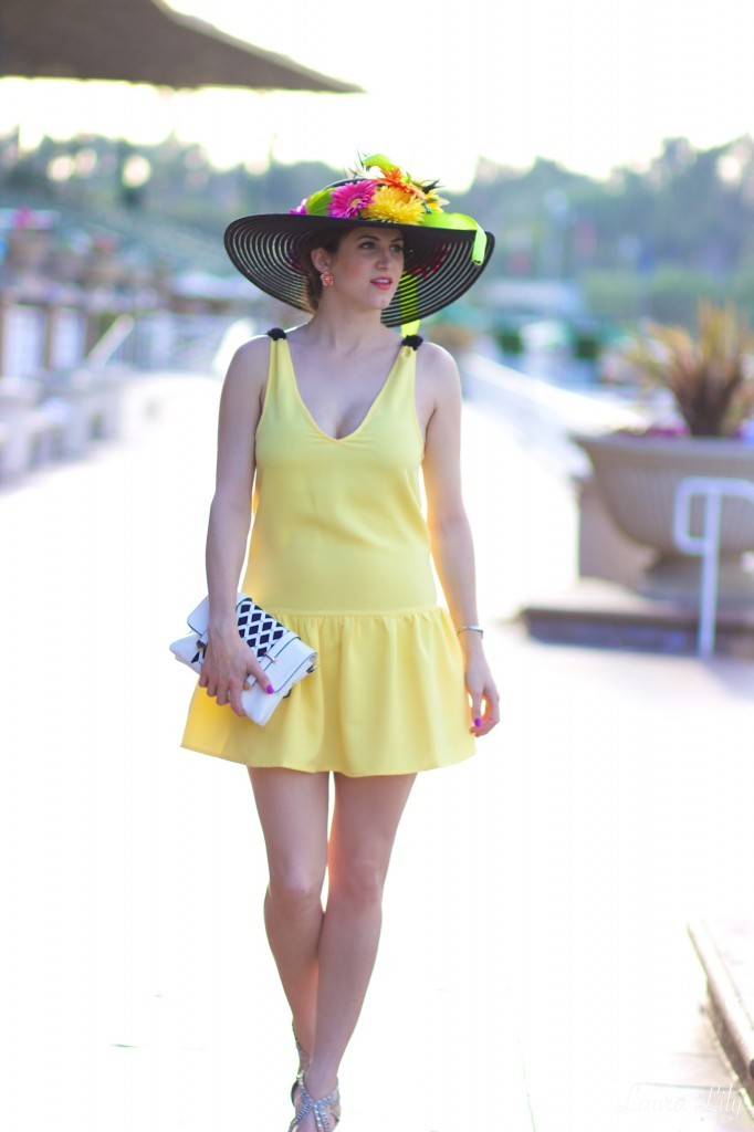 ShopLately Derby Days,Kentucky Derby Day Party with ShopLately, LA Fashion Blogger Laura Lily, DIY Derby Day Hat Fascinator, ShopLately Rehab yellow drop waist dress, what to wear to a horse race, America's Best Racing at Santa Anita Park, Kentucky Derby outfit ideas, 403
