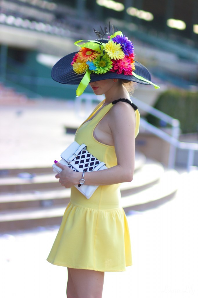 ShopLately Derby Days,Kentucky Derby Day Party with ShopLately, LA Fashion Blogger Laura Lily, DIY Derby Day Hat Fascinator, ShopLately Rehab yellow drop waist dress, what to wear to a horse race, America's Best Racing at Santa Anita Park, Kentucky Derby outfit ideas, 415