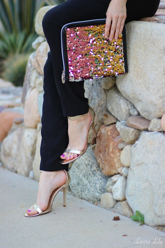 Gold and Coral,Lady in Pink, LA Fashion Blogger Laura Lily, pink crop top, cute date night outfits, spring style, personal stylist in Los Angeles, Chanel stud earrings, sequin Melie Bianco iPad case clutch, black prada cat eye sunglasses, 