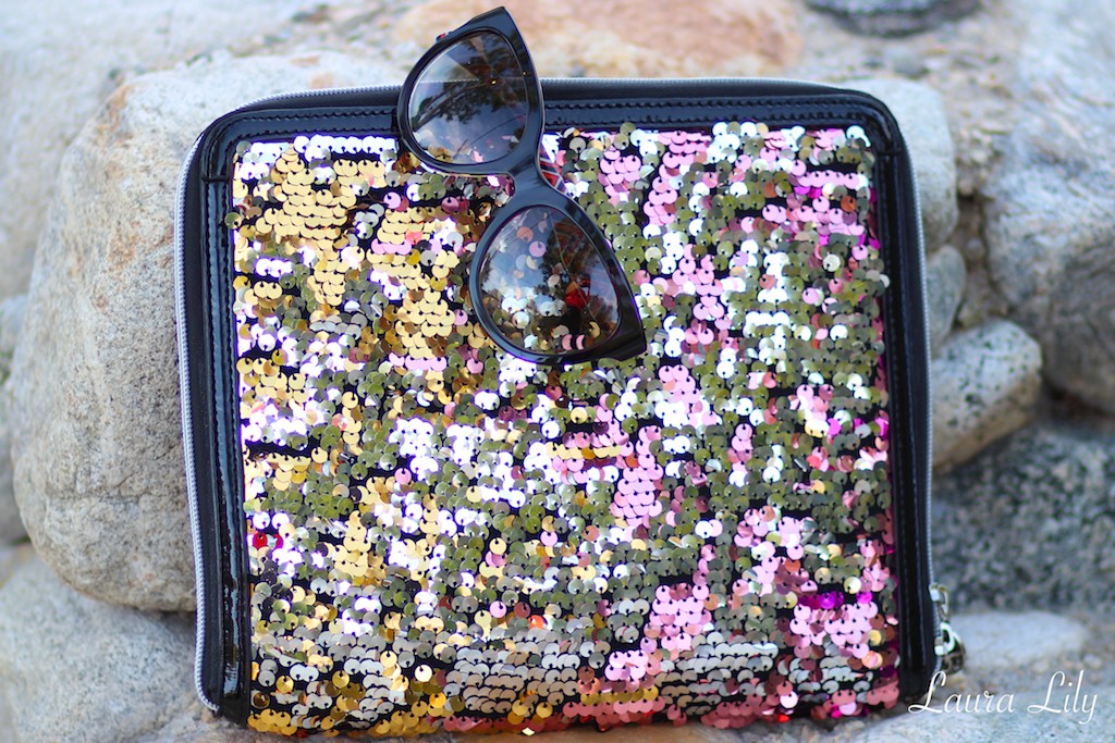 Gold and Coral,Lady in Pink, LA Fashion Blogger Laura Lily, pink crop top, cute date night outfits, spring style, personal stylist in Los Angeles, Chanel stud earrings, sequin Melie Bianco iPad case clutch, black prada cat eye sunglasses, 