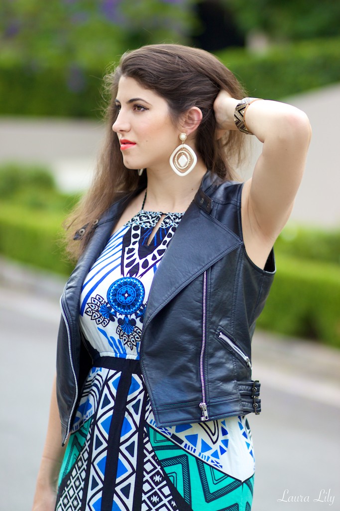Maxi Dress and Leather,Jamaican Rooftop Party , Call It Spring Event, Sixty Beverly Hills Hotel Rooftop, LA Fashion Blogger Laura lily, Swell Style tribal print maxi dress, Miss Me Jeans faux leather motorcycle vest, what to wear to a rooftop party,