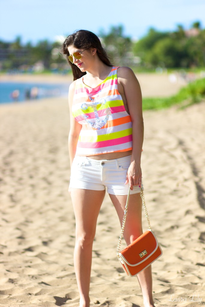 Aloha, LA Fashion Blogger Laura Lily, what to pack for Maui, cute beach outfits, #LauraLilyinMaui, Neon striped Urban 1972 top, White Express denim shorts, Forever21 orange flap bag, ZeroUV mirrored sunglasses, Volcom flip-flops