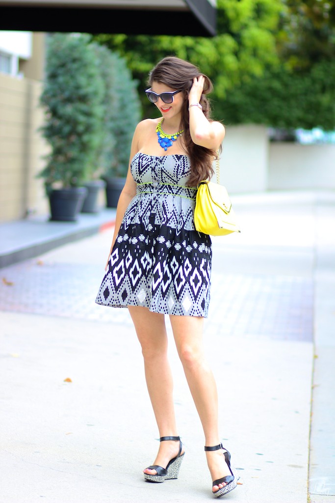 Tribal Print Dress , LA Fashion Blogger Laura Lily, cute summer outfit ideas, Tribal Xhiliration print dress  ,Black Sole Society Wedges, Yellow Olivia and Joy handbag, Forever 21 necklace, Zara necklaces, Cotton On cat eye sunglasses, silver Gucci watch,