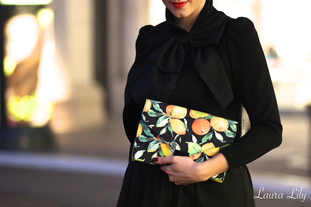 A Bow Jacket and Oranges, Loeffler Randall citrus print clutch, alice and olivia cropped bow jacket, best black nylons, hanes ultra sheer nylons, Los Angeles fashion blogger Laura Lily, cute wear to work outfits, cage patent leather booties Schutz, The Grove, #fallfashion #fallstyle, 