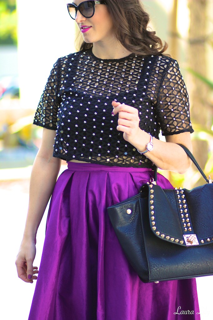 Purple Midi & Studs, Choies purple Midi skirt, black patent Jessica Simpson pumps,  Endless Rose studded crop top Bloomingdales, 100 percent bloomingdales, Los Angeles Fashion Blogger, Top fashion bloggers in Los Angeles, personal style blog, budget style blog,  width=