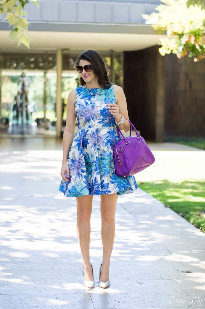 Alice + Olivia Florals, Los Angeles Fashion Blogger Laura Lily, Ivanka Trump Carra glitter pumps, purple Mossimo bag, Azusa Takano Photography, floral cocktail dresses, backless floral dresses, pretty wear to work outfits, 