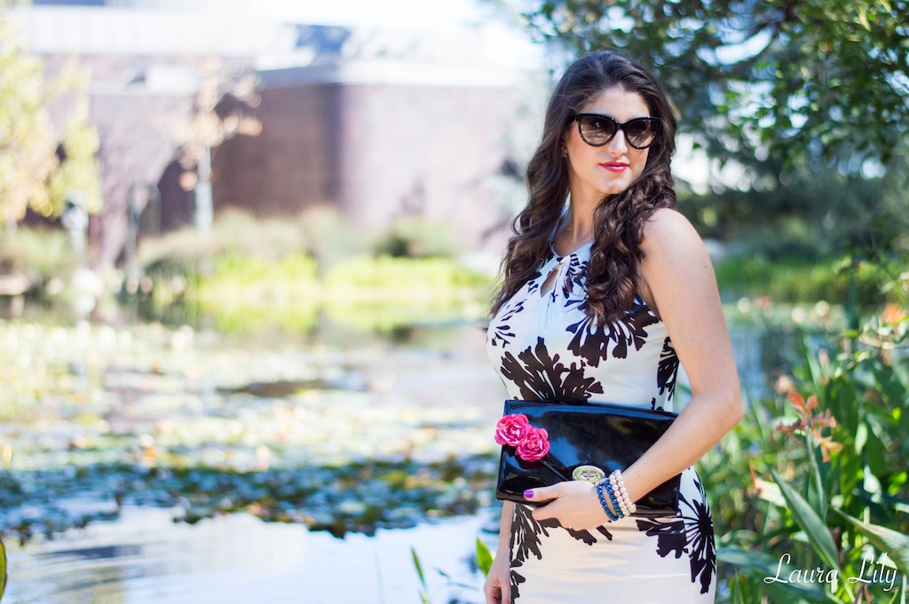 Light in the Box, fashion print party dress, floral light in the box dress, LA Fashion Blogger Laura Lily, Ivanka Trump Glitter Carra heels, black patent envelope clutch, wear to work outfits, 