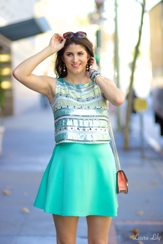 Perch in Downtown Los Angeles ,los angeles fashion blogger Laura Lily, Top-Endless Rose ,Skirt- 2020 Ave, Ivanka Trump Pumps, JustFab Bag Chillibeans Sunglasses Call It Spring bracelets Laura Lily Jewelry Earrings 