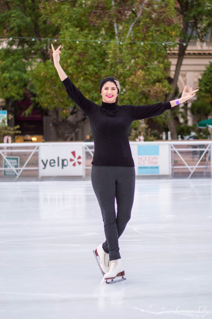 12 Days of Holiday Style: Ice Skating, LA fashion Blogger Laura Lily, cute holiday outfits, figure skating outfits, Pershing Square Downtown LA Ice Arena, Sole Society embellished headband,