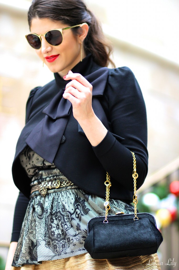 12 Days of Holiday Style: Black + Gold, #12DaysofHolidayStyle, LA Fashion Blogger Laura Lily, Holiday Party outfit ideas, Christmas outfit ideas, Alice and Olivia bow jacket, Bulgari pony hair purse, ShoeDazzle Yvonna heels, Bloomingdales Aqua gold metallic skirt, Express pave earrings, 