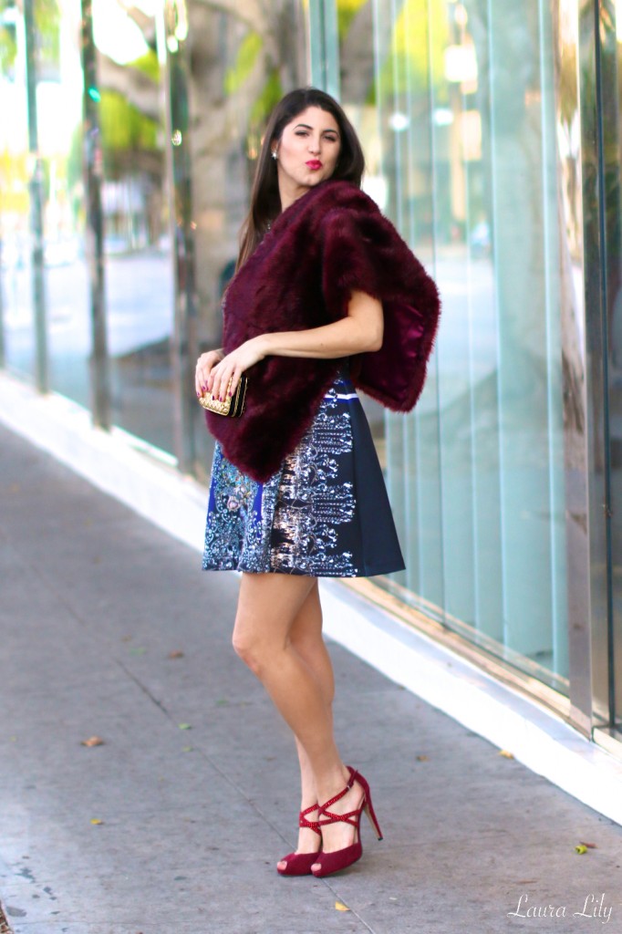 12 Days of Holiday Style: Russian Princess , DIY Faux Fur Capelet, LA Fashion Blogger Laura Lily, #12DaysofHolidayStyle, Clover Canyon Russian Enamel dress, holiday party outfits, Shoplately gold box clutch, oxblood suede heels, holiday style, holiday party looks, 