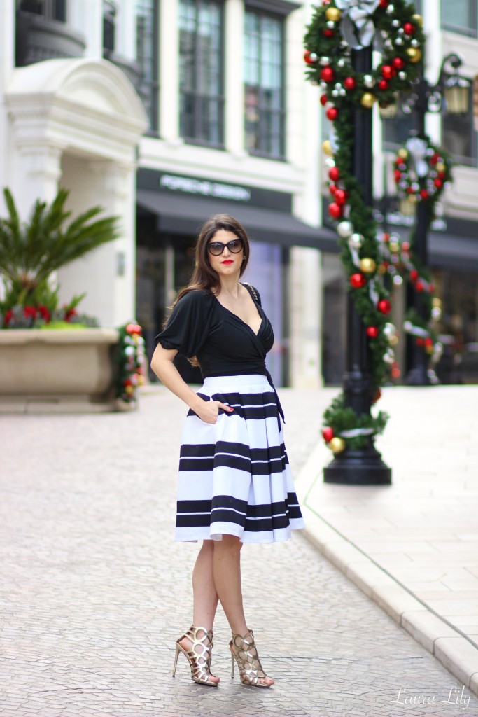 12 Days of Holiday Style: Merry Christmas, #12DaysofHolidayStyle, LA Fashion Blogger Laura Lily, Express stripe full midi skirt, Just Fab heels, holiday outfit ideas, 