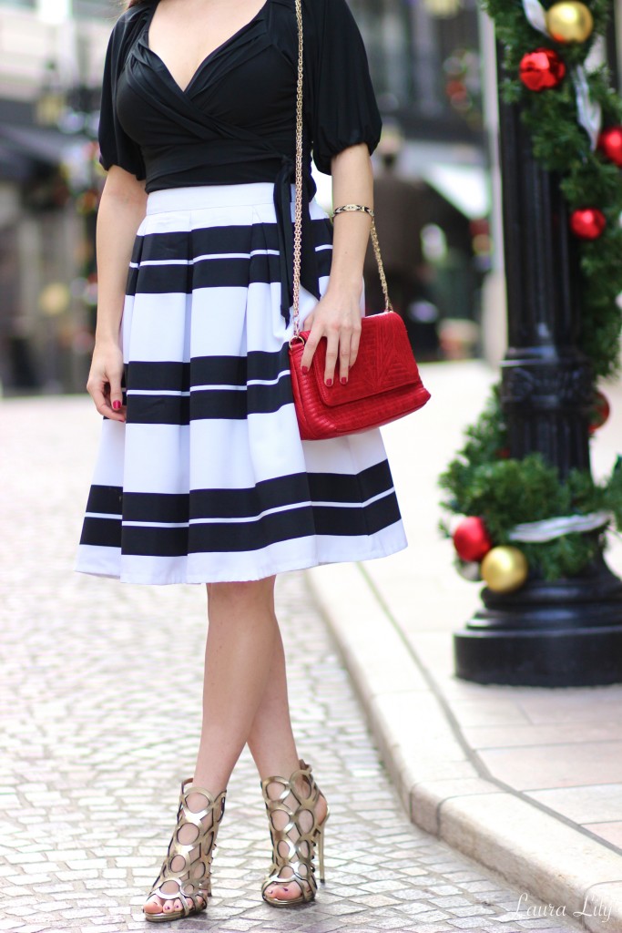 12 Days of Holiday Style: Merry Christmas, #12DaysofHolidayStyle, LA Fashion Blogger Laura Lily, Express stripe full midi skirt, Just Fab heels, holiday outfit ideas, 