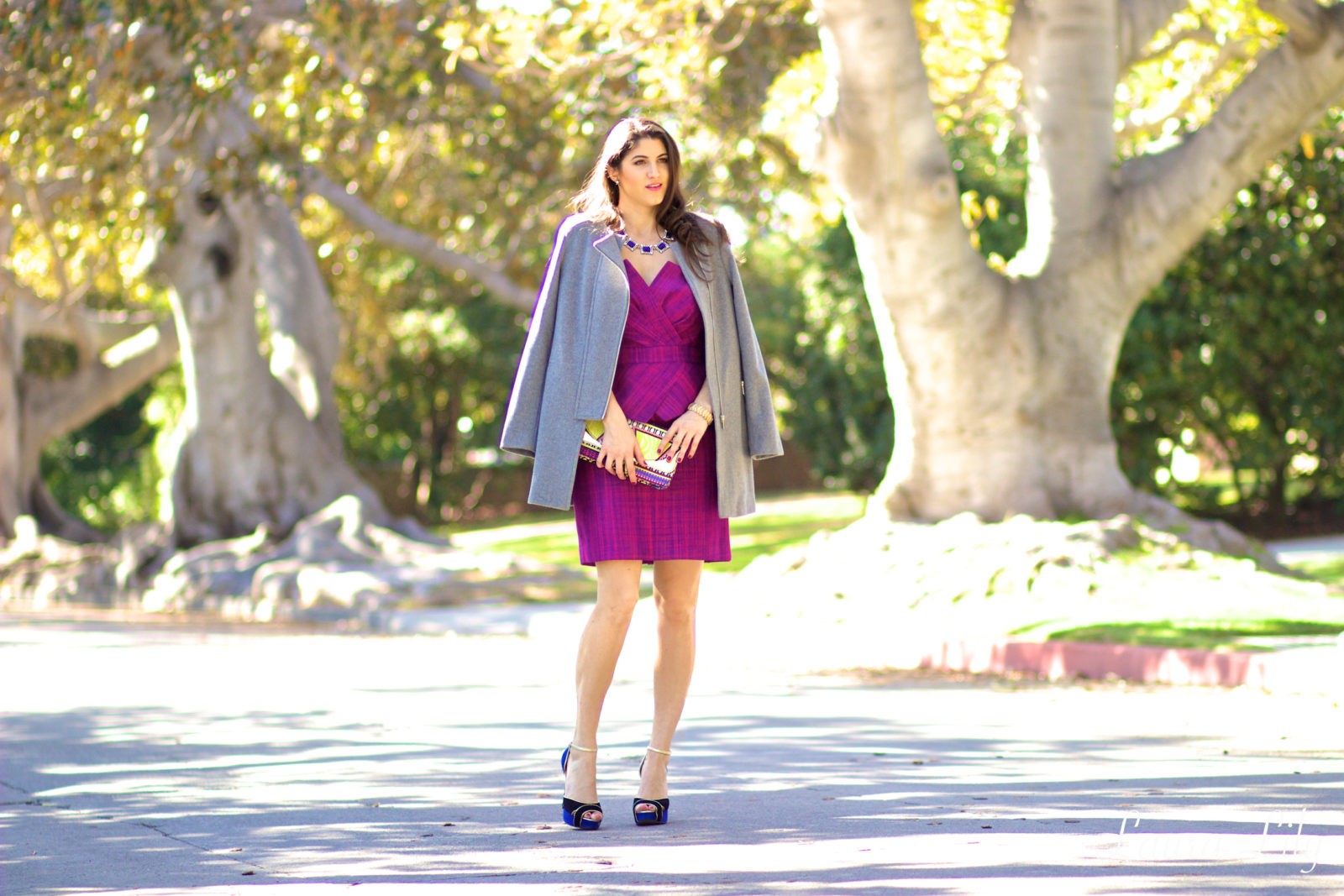 LA Fashion Blogger Laura Lily, holiday party outfit ideas, #12DaysofHolidayStyle, 1.State Boxy Topper Coat, Tweed and Peplum Trina Turk Dress, Sole Society statement necklace, Ivanka Trump Colorblock heels, holiday outfit ideas