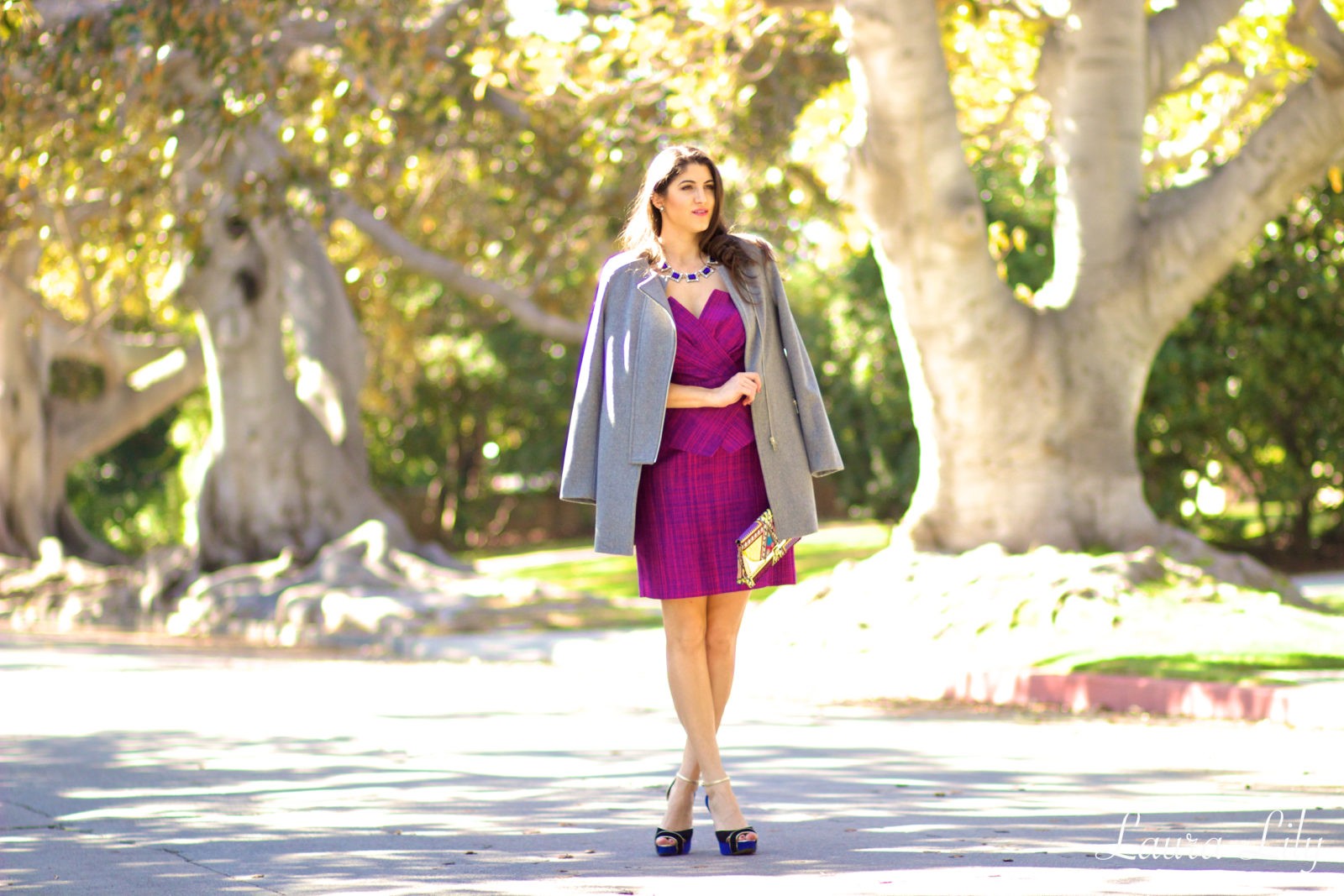 LA Fashion Blogger Laura Lily, holiday party outfit ideas, #12DaysofHolidayStyle, 1.State Boxy Topper Coat, Tweed and Peplum Trina Turk Dress, Sole Society statement necklace, Ivanka Trump Colorblock heels, holiday outfit ideas