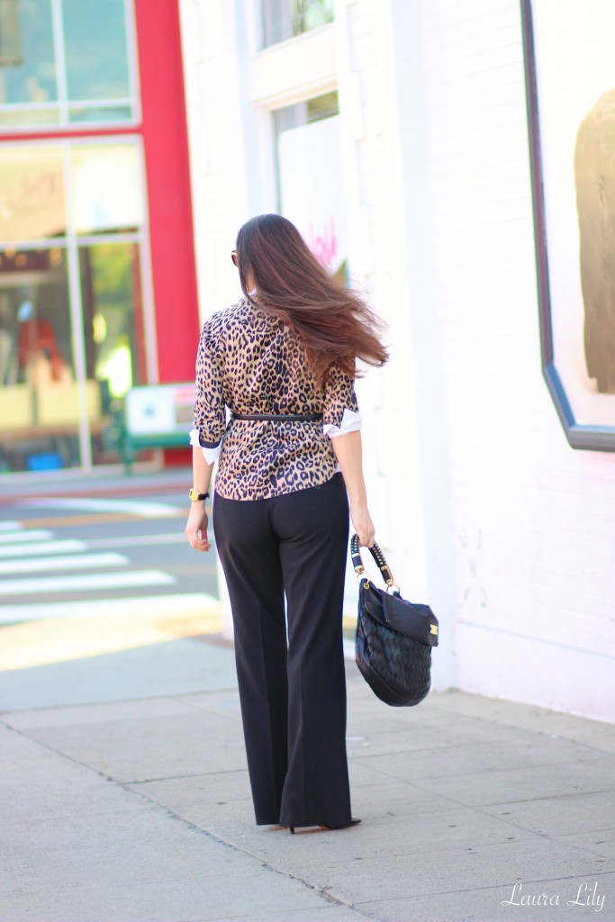 Leopard Coat, LA Fashion Blogger Laura Lily, Choies leopard coat, Express Editor pants, Modalu England Florence bag, office style, Laura Lily office style, wear to work outfit ideas, Jessica Simpson Claudette D'Orsay pump, Jessica Simpson black patent pump, 
