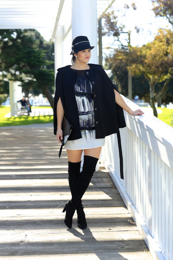 Cape Trails, LA Fashion Blogger Laura Lily, black cape H&M, black and white fedora Dynamic Asia, Stuart Weitzman Highstreet boots, thigh high boots, Jessica simpson printed dress, Los Angeles Fashion Bloggers, Tony Oberstar Photography,