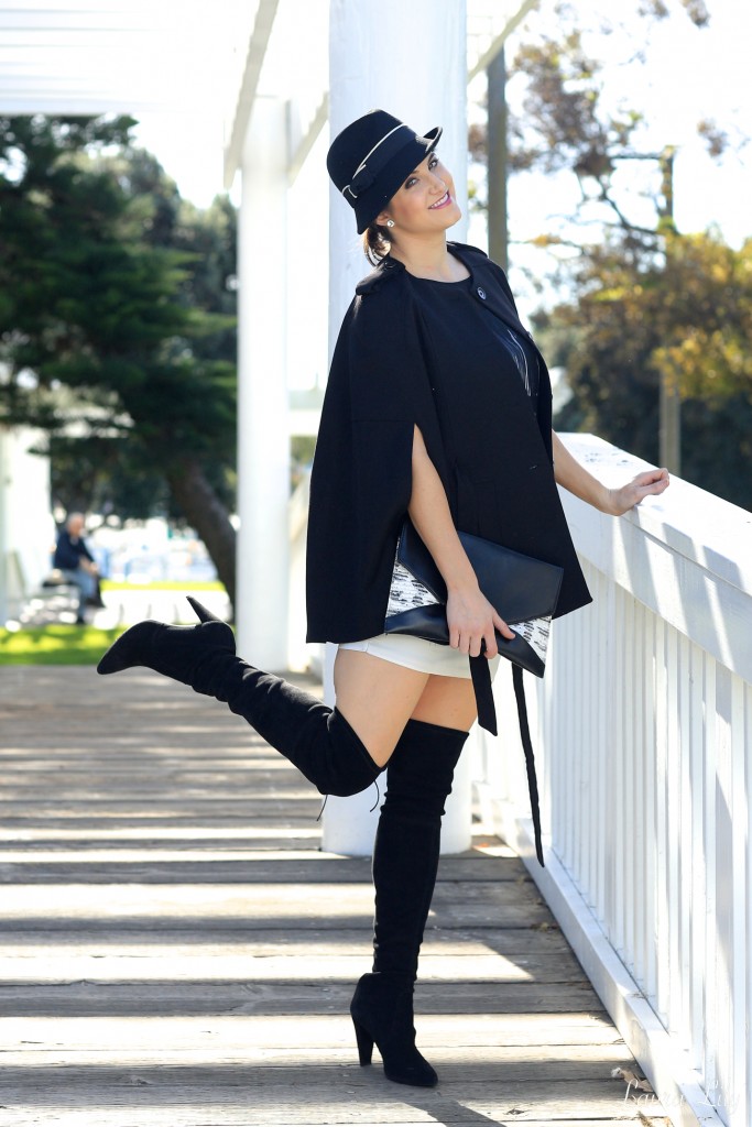 Cape Trails, LA Fashion Blogger Laura Lily, black cape H&M, black and white fedora Dynamic Asia, Stuart Weitzman Highstreet boots, thigh high boots, Jessica simpson printed dress, Los Angeles Fashion Bloggers, Tony Oberstar Photography,